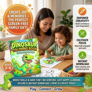 May include: A dinosaur colouring book with 32 printable pages featuring a green cartoon dinosaur on the cover. The book includes text stating Dinosaur Colouring Book, 32 Fun Printable Pages, Ages 3-6, and Boost Skills & Have Fun! No Screens, Just Happy Learning.