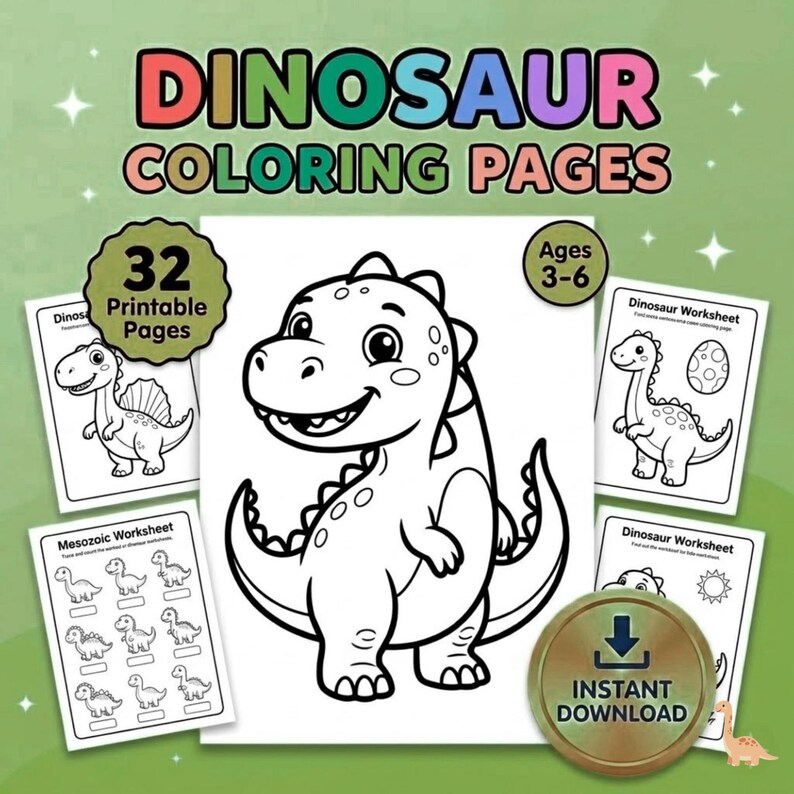 Dinosaur Coloring Pages for Toddlers | 32 Printable Dino Coloring Sheets PDF | Screen-Free Quiet Activity | Homeschool Kids | Ages 3-6 image 5
