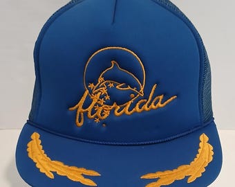 Vintage Style Florida Hat - Beach Vacation Trucker Hat - Blue and Gold