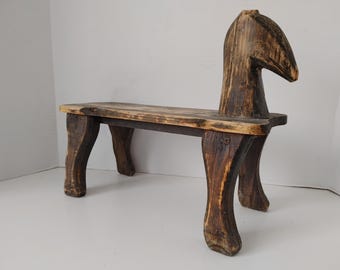 Taburete infantil de madera con forma de caballo, estilo arte popular vintage, 35,5 cm x 30,5 cm x 13,3 cm.