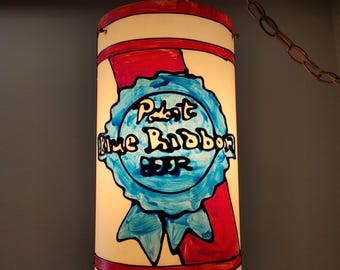 Lámpara colgante de bar vintage Pabst Blue Ribbon, imitación de vidriera, plástico, luz PBR