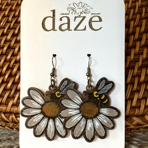 Hand Painted Daisy Bee Wood Earrings | Floral Boho Dangle Jewelry