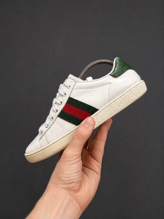 Ace Web Stripe White Leather Sneakers Low Top Luxury 6 Good Condition