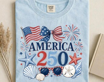 Camiseta de playa Coastal America, camiseta Comfort Colors USA con lazo, camiseta de playa patriótica de 250 años, camiseta de verano con la bandera estadounidense, regalos para el 4 de julio