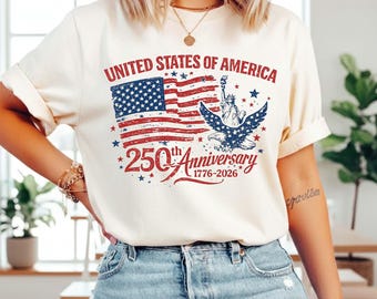 Camiseta con águila patriótica y bandera estadounidense, camiseta con estampado desgastado de Estados Unidos, camiseta del 250 aniversario de EE. UU., camiseta retro del Día de la Independencia, regalo del 4 de julio.