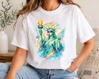 Camiseta con estampado de la Estatua de la Libertad y chicle, camiseta preppy patriótica de colores cómodos, camiseta divertida con estampado del 4 de julio, regalo para el Día de la Independencia de Estados Unidos.