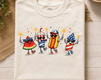 Camiseta Comfort Colors con diseño patriótico, linda camiseta del 4 de julio, camiseta con estampado de sandía, perrito caliente y fuegos artificiales, camiseta de regalo del 250 aniversario del Día de la Independencia de Estados Unidos.