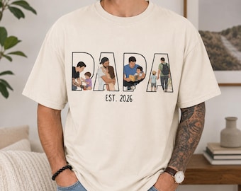 Camiseta personalizada con foto de retrato familiar, camiseta personalizada para papá EST 2026, regalo para papá primerizo, regalo del Día del Padre, camiseta para papá primerizo.