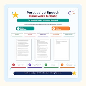 May include: A digital download graphic titled "Persuasive Speech Homework Debate." The design features sections for Hook, Claim, Reasons, Evidence, and Conclusion. It also highlights argumentative writing and speech structure.
