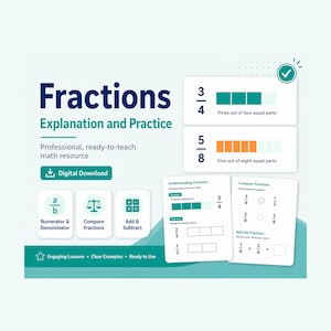 以下が含まれることがあります： 「Fractions: Explanation and Practice」と題された、分数の教育リソース。画像には、3/4や5/8などの分数例が視覚的に表示されています。デジタルダウンロードオプションと、分子/分母、分数の比較、加算/減算のアイコンが含まれています。