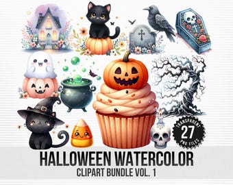 Halloween Watercolor Clipart Bundle: Ghost, Pumpkin, Witch, Cat (PNG Digital Download for Sublimation & Scrapbooking)