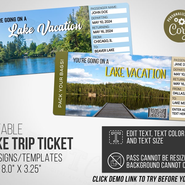 Editable - Printable Surprise Ticket for Lake Trip | 2 templates | 8 x 3.5" | Surprise Vacation - Edit & Print Today with Corjl