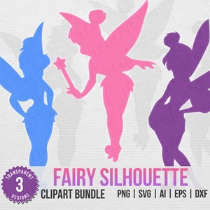 May include: Three fairy silhouettes in blue, pink, and purple. The fairies are facing different directions and have wings and wands. The image is labeled "Fairy Silhouette Clipart Bundle".