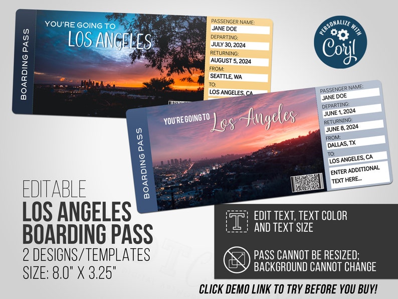 Editable Boarding Pass for Los Angeles 2 Templates 8 X 3.5 Surprise ...