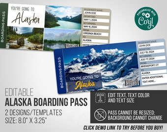 Editable Boarding Pass for Alaska | 2 templates | 8 x 3.5" | Surprise Vacation - Edit & Print Today with Corjl