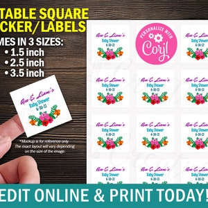 Könnte beinhalten: Ein Bogen mit 12 quadratischen Aufklebern mit einem floralen Design und dem Text "Ava & Liam's Baby Shower 6-30-22". Die Aufkleber sind in drei Größen erhältlich: 3,8 cm, 6,4 cm und 8,9 cm.