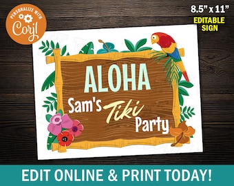 Letrero de bienvenida editable para fiesta luau tiki (8,5 x 11 pulgadas)