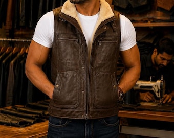 Chaleco de hombre de piel auténtica con forro de borrego – Chaleco estilo aviador