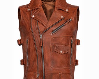 Chaleco de motociclista de cuero marrón envejecido para hombre, auténtico chaleco de motociclista, chaleco de montar hecho a mano, talla personalizada.