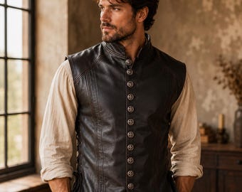 Chaleco renacentista de cuero genuino hecho a mano para hombre, jubón medieval para LARP, traje steampunk, regalo para él.