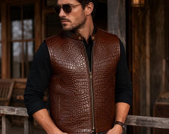Chaleco de motociclista de cuero con relieve de cocodrilo para hombre / Abrigo de carreras con cremallera frontal de piel de vaca auténtica