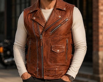Gilet da motociclista da uomo in pelle marrone, autentico gilet da moto, gilet da equitazione con zip frontale effetto invecchiato, regalo fatto a mano per lui