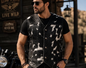 Chaleco de cuero de vaca con pelo para hombre, auténtico chaleco vaquero del oeste, chaqueta de rancho hecha a mano.