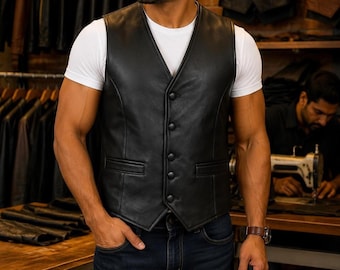 Chaleco de cuero marrón para hombre, chaleco estilo motero y formal hecho a mano, chaqueta clásica sin mangas con botones delanteros.