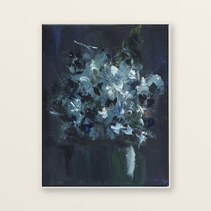 Moody Blue Floral Giclee Print, Dark Botanical Acrylic Painting Reproduction, Abstract Flower Wall Art, Layered Blue White Floral Poster