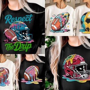 Puede incluir: Una colección de sudaderas negras y blancas con estampados gráficos de cascos de fútbol americano y balones con diseños de glaseado derretido de colores. Una sudadera negra muestra un casco azul con el texto Respect The Drip.