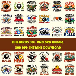 Peut inclure: Une collection numérique de plus de 30 designs graphiques sur le thème du billard, incluant des boules, des queues et des tables. Chaque illustration présente une typographie colorée avec des phrases comme I Play Pool et Billiards Full of Passion.