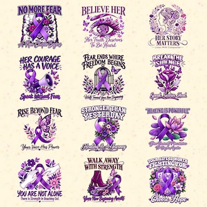 Könnte beinhalten: Eine Sammlung von zwölf violetten Grafikdesigns mit Bewusstseinsbändern, floralen Akzenten und inspirierenden Texten wie No More Fear, Believe Her, Her Story Matters, Her Courage Has A Voice und Choose Hope.