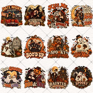 May include: A collection of twelve Halloween-themed digital illustrations featuring romantic couples, skeletons, ghosts, and pumpkins. Each design includes festive text such as Date Night, Hocus Pocus, Kiss Me, I'm Spooky, and Boo'd Up in orange and black.