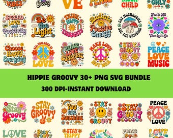 Hippie Groovy PNG SVG Bundle | Retro 70s Peace Love Design | Positive Mental Health Vibes