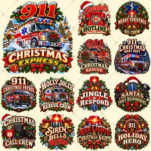 911 Christmas PNG Bundle | Dispatcher Xmas Artwork | Emergency Holiday Clipart | Santa Crew Graphics