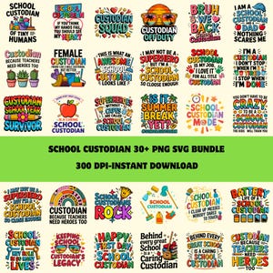 Puede incluir: Una colección digital de más de 30 diseños gráficos coloridos con temas de conserjes escolares. Cada diseño incluye tipografía única e ilustraciones como artículos de limpieza, manzanas, arcoíris y gafas de sol con varios lemas.