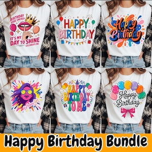 Könnte beinhalten: Eine Auswahl an weißen T-Shirts mit farbenfrohen Geburtstagsmotiven. Die Designs zeigen Texte wie "Happy Birthday", Ballons und festliche Elemente. Der Satz "Happy Birthday Bundle" ist unten zu sehen.