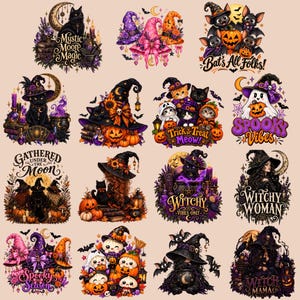 Może przedstawiać: Kolekcja szesnastu ilustracji o tematyce Halloween przedstawiających czarne koty, czarownice, dynie, duchy i nietoperze. Projekty zawierają napisy takie jak Mystic Moon Magic, Bat's All Folks, Trick or Treat Meow, Spooky Vibes, Gathered Under the Moon, Witchy Vibes Only, Witchy Woman, Spooky Season oraz Witch Mama.