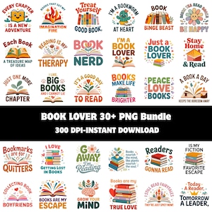 May include: A digital collection of over 30 colorful graphic designs featuring books, reading-themed illustrations, and motivational text such as Book Nerd, Book Binge Beast, and Readers Gonna Read, presented in a grid layout for instant download.