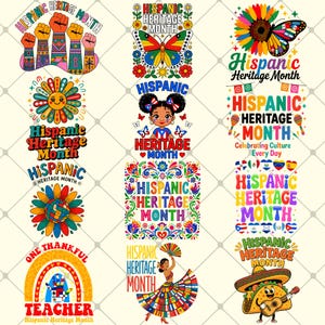 May include: A collection of twelve colorful graphic designs celebrating Hispanic Heritage Month. The illustrations feature raised fists, butterflies, sunflowers, a person with space buns, a dancer in a flag-patterned skirt, and a taco playing a guitar.
