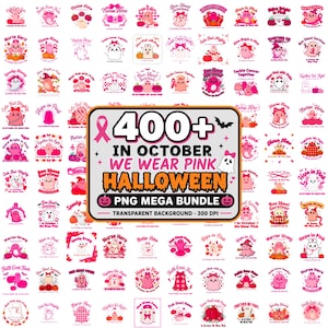 以下が含まれることがあります： ゴースト、カボチャ、乳がん啓発スローガンをあしらった、ピンクを基調とした400種類以上のハロウィングラフィックのデジタルコレクション。中央のテキストには「400+ IN OCTOBER WE WEAR PINK HALLOWEEN PNG MEGA BUNDLE TRANSPARENT BACKGROUND - 300 DPI」と記載されています。