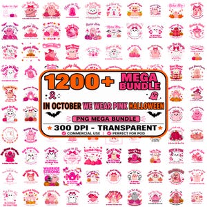以下が含まれることがあります： ハロウィーンと乳がん啓発のための1200以上のピンクの幽霊をテーマにしたグラフィックデザインのデジタルコレクション。中央のテキストには、1200+ MEGA BUNDLE IN OCTOBER WE WEAR PINK HALLOWEEN PNG MEGA BUNDLE 300 DPI - TRANSPARENT と書かれています。