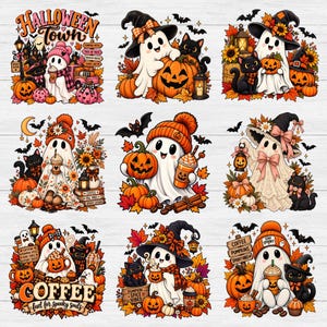 May include: A collection of nine Halloween-themed illustrations featuring ghosts, black cats, pumpkins, and autumn leaves. The designs include text such as Halloween Town, Coffee, and Spooky Vibes, with motifs like lanterns, sunflowers, and coffee cups.