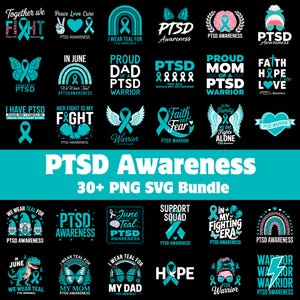 Pacote de imagens PNG e SVG para conscientização sobre o Transtorno de Estresse Pós-Traumático (TEPT) | Desenhos com fitas em tons de azul-petróleo | Imagens de apoio a veteranos | Frases sobre saúde mental