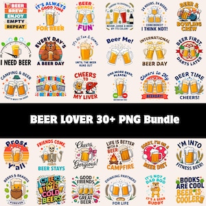 May include: A digital collection of over 30 beer-themed graphic designs featuring illustrations of beer mugs, glasses, and humorous text slogans. The colourful artwork includes motifs like skeletons, bears, campfires, and sports, all centred on beer culture.