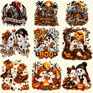 Puede incluir: Una colección de nueve ilustraciones con temática de Halloween que incluyen esqueletos, fantasmas y calabazas. Los diseños muestran esqueletos con trajes de boda, escenas de playa tropical, fogatas y fantasmas sosteniendo tazas con texto incluido.
