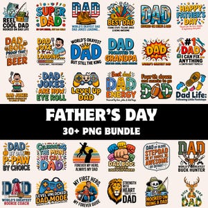 Può includere: Una collezione digitale di oltre 30 design grafici colorati con varie illustrazioni e tipografie legate alla paternità, inclusi testi come "Super Dad", "Dad Bod", "Best Dad" e "Father's Day 30+ PNG Bundle" su sfondo chiaro.