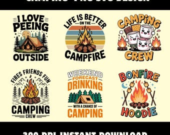 Pacchetto di design per la vita in campeggio / Illustrazioni per escursioni nella natura selvaggia / Clipart per fughe in montagna / Sublimazione per viaggiatori con falò
