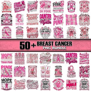 Puede incluir: Una colección digital de más de 50 diseños de concienciación sobre el cáncer de mama con cintas rosas, motivos florales, mariposas y textos inspiradores como Hope Blooms Forever, Stand Strong y United We Rise, en una cuadrícula.