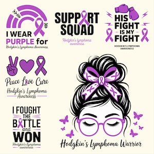 Puede incluir: Colección de gráficos morados y negros para la concienciación sobre el linfoma de Hodgkin. Incluye textos como "I Wear Purple", "Support Squad", "His Fight Is My Fight" y la cara de una mujer con gafas y un lazo.